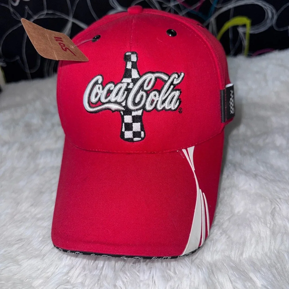 Coca-Cola Hat Men OS Red Excellent Racing Checkerboard Embroidered Cap